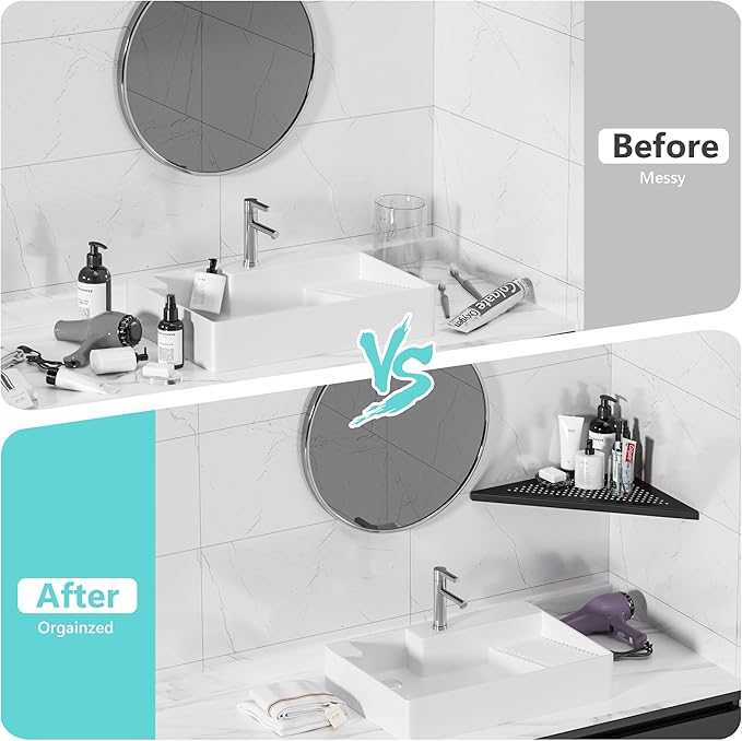 Qeke Bathroom Corner Shelf, Recessed 12" Shower Shelf Caddy, SUS304 Stainless Steel Shelf Wall Mount Triangular, No Drilling, Matte Black