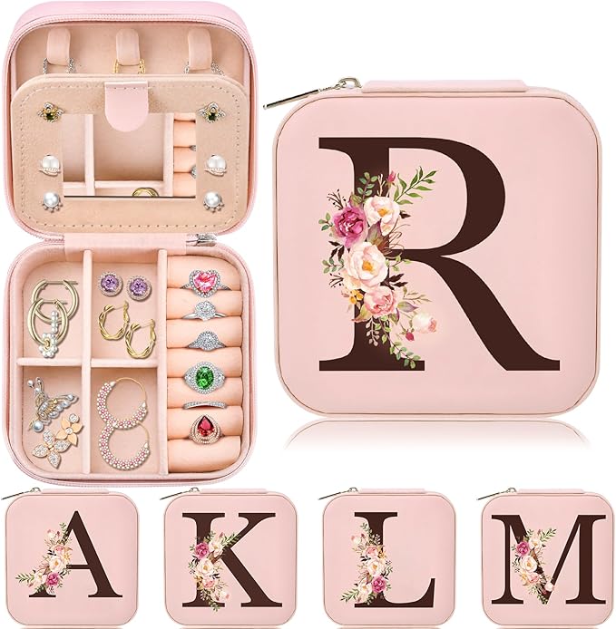 Inngeroo Small Travel Jewelry Case for Girls Women, Travel Jewelry Box Organizer Personalized Pink Gifts for Wife Mom, Gift for Friend Sister Grandma Aunt, Initial R