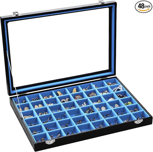 Stratalife Jewelry Organizer 48 Grid Jewelry Tray with Clear Lid Dust-proof Velvet Earring Organizer Necklace Rings Holder Display Drawer Storage Case for Women Blue Black