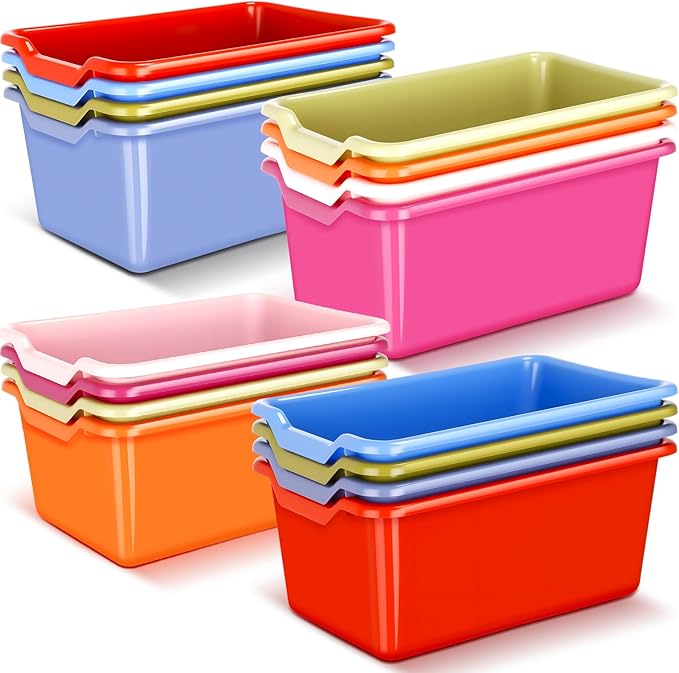 Dandat 16 Pcs Plastic Book Bins for Classroom Library Cubby Bins Scoop Front Stackable Toy Storage Tubs Containers for School Office Home Nursery Playroom Organization(Vintage Color)