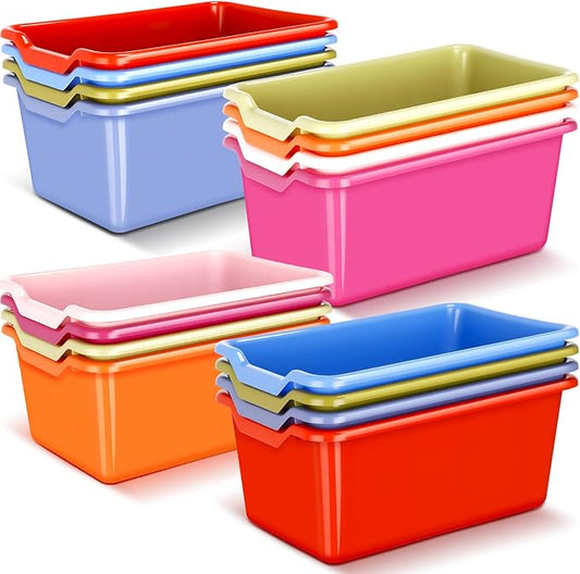 Dandat 16 Pcs Plastic Book Bins for Classroom Library Cubby Bins Scoop Front Stackable Toy Storage Tubs Containers for School Office Home Nursery Playroom Organization(Vintage Color)