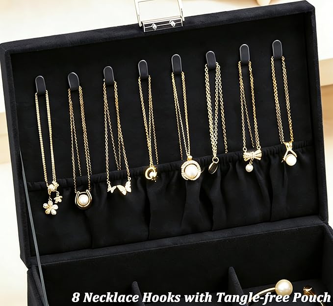 QBestry Jewelry Box for Women with Drawer, 3-Layer Large Jewelry Organizer with Lock & Key, 8 Necklace Hooks & 56 Earring Holes, Black Velvet Jewelry Storage Box for Necklaces Earrings Rings Bracelets