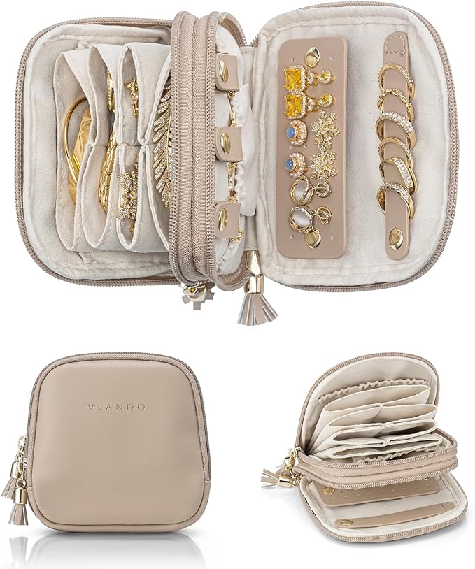 VLANDO Travel Jewelry Case,2-Layer Jewelry Organizer for Travel,Mothers Day Mom Gifts Teacher Gift,Multi-Compartment Jewelry Storage for Rings Earrings Necklaces Bracelets-Toffee