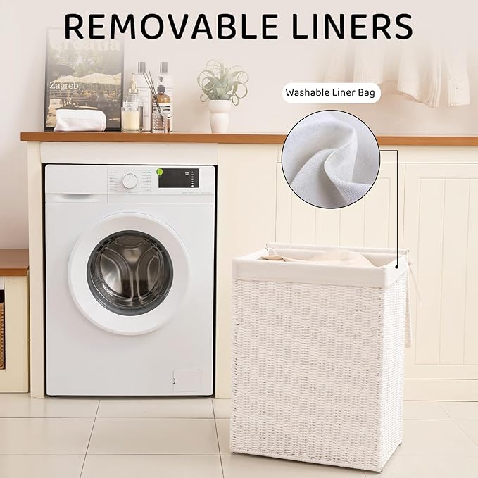 OIAHOMY Laundry Hamper with Lid, 90L(23.8 Gal) Large Wicker Laundry Basket for Bedroom, Handwoven Paper Rope Clothes Hamper with Washable Liner & Metal Frame, Decorative Organizer for Bathroom White