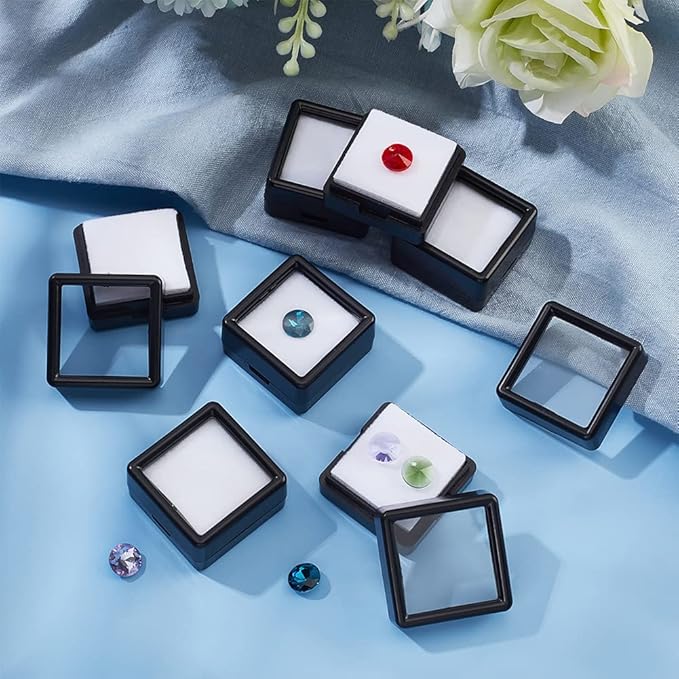 BENECREAT 12 Pcs Black Gemstone Display Box with Clear Top 1.18 Inches Square Jewelry Box for Gift Wrapping, Displaying Gemstones, Crystal Diamond Accessories