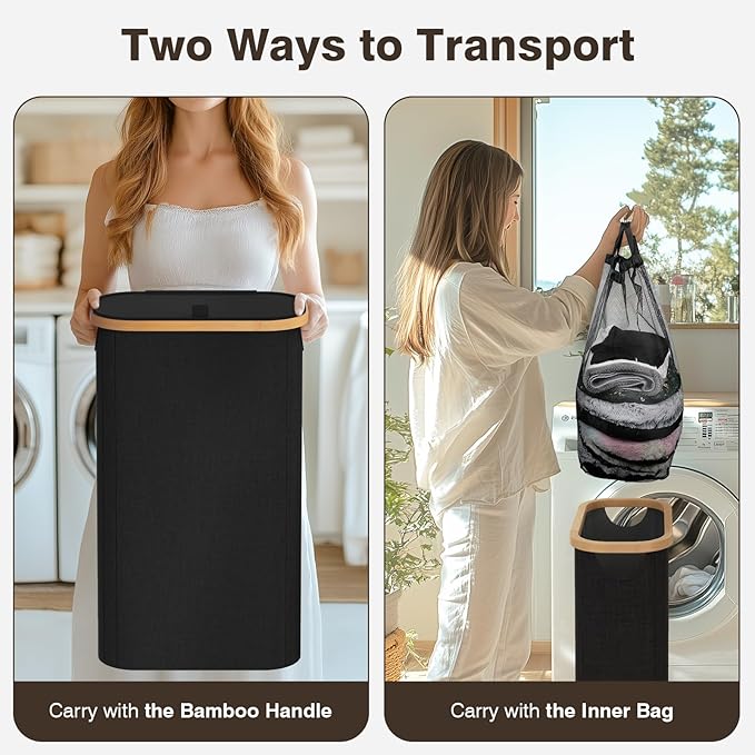 Bathola 75L Slim Laundry Hamper with Lid, Dirty Clothes Hampers for Laundry, Collapsible Laundry Baskets for Small Spaces, Bedroom, Bathroom, Laundry Room, Black