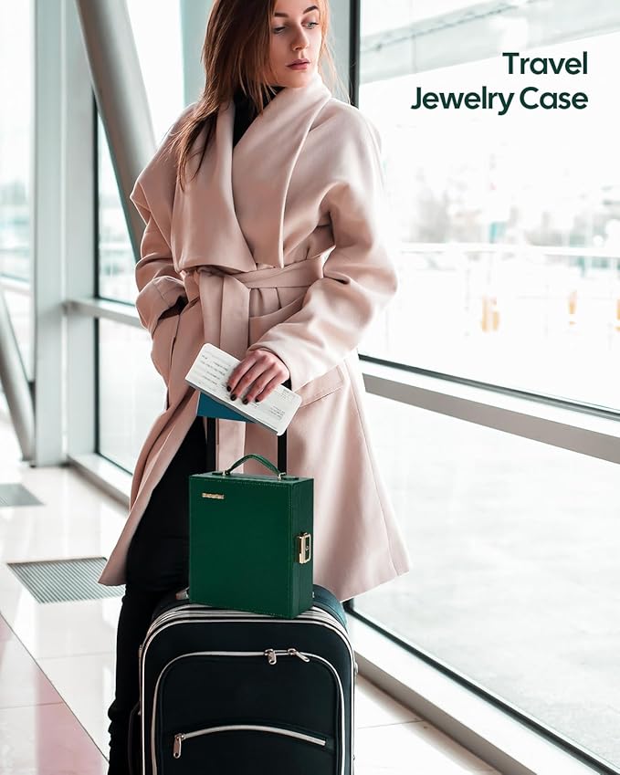 Enthralite Large Travel Jewelry Case: Portable Necklace Box with Mirror - PU Leather & Velvet Lined Jewelry Organizer for Ring Earring Bangle Bracelets Watch - Birthday Gift for Her