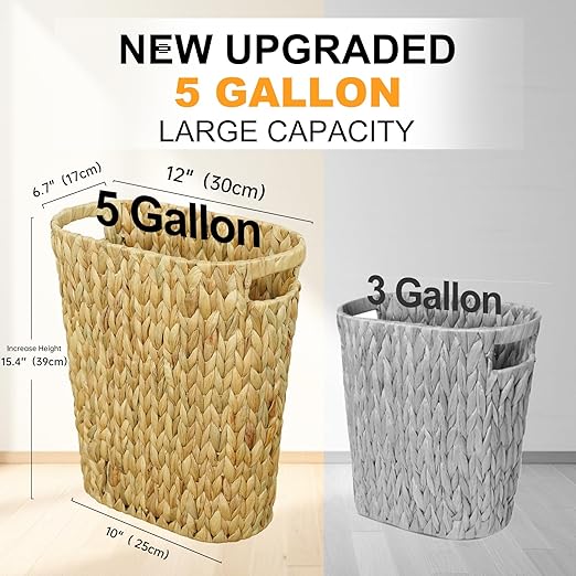 Coeusy Wicker Trash Can,Bathroom Trash Can,Water Hyacinth Wicker Waste Basket for Bathroom,Handwoven Narrow Small Waste Basket for Bedroom,Office,5 Gallon
