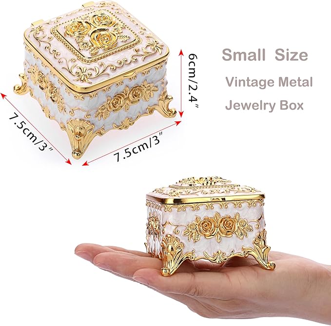 Hipiwe Vintage Jewelry Box Trinket Organizer Enameled Metal Treasure Chest Ring Holder Earrings Storage Case Decorative Keepsake Box Gift for Women, Small 3"x3"x2.4"