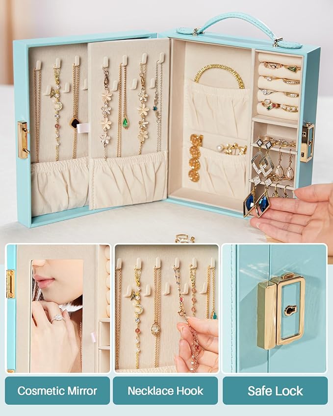 Enthralite Large Travel Jewelry Case: Portable Necklace Box with Mirror - PU Leather & Velvet Lined Jewelry Organizer for Ring Earring Bangle Bracelets Watch - Birthday Gift for Her