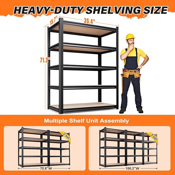 71''H 35.4''W Storage Shelves,2500LBS Garage Shelving ,Adjustable Garage Shelves ,Heavy Duty Metal Shelving, 5 Tier Wood Utility Steel Shelf, Shelving Units and Storage Rack fo Kitchen Pantry 2 Pack