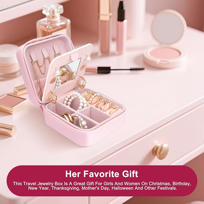 Cute Bunny Travel Jewelry Case with Mirror, Silicone Portable Mini Small Jewelry Box Organizer for Women Girls Mom, Wedding, Birthday Gift - Pink