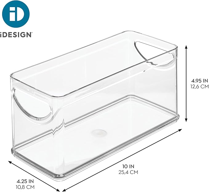 iDesign Narrow Pantry Bin with Handles for Kitchen Cabinets or Fridge, Set of 2, Clear, Made in USA
