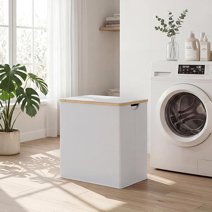 efluky Laundry Hamper with Lid, Double Laundry Hamper with 2 Removable Bags, 2 Section Laundry Basket with Bamboo Handles for Bathroom, Bedroom & Laundry Room, 140L (36.9 Gallon) Light Grey