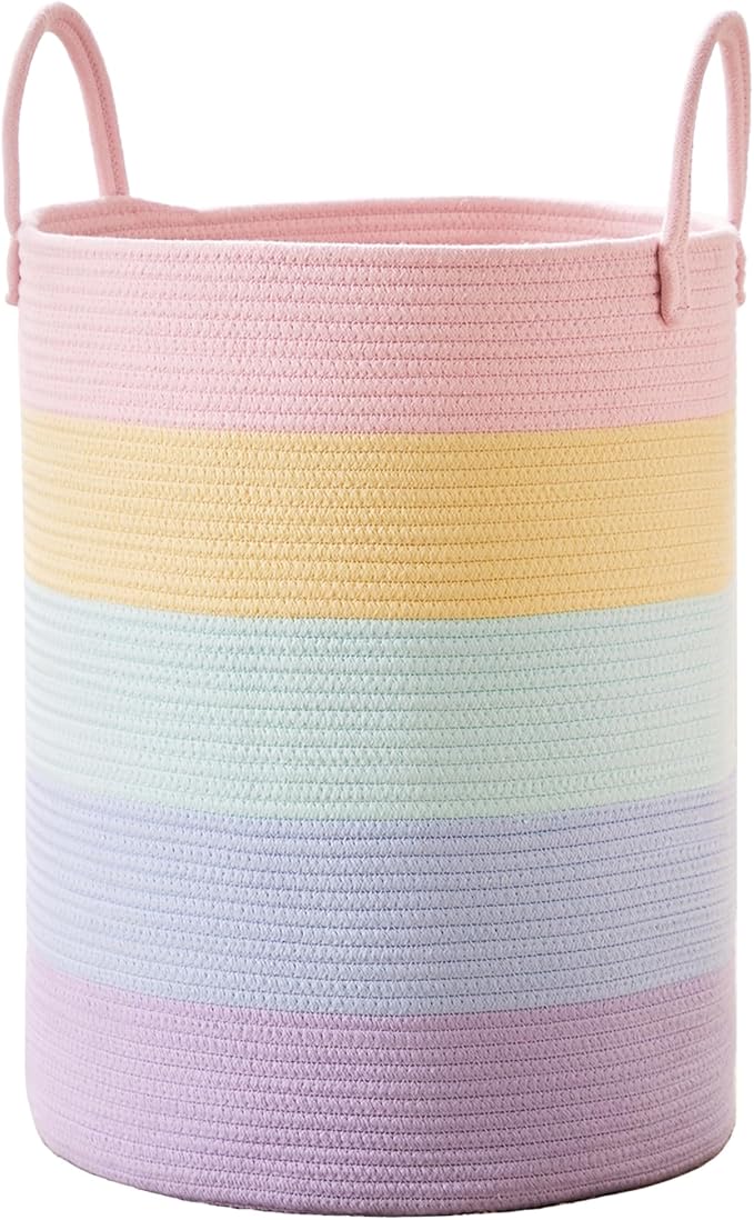 15Dx20H inches Large Baby Girls Kids Hamper Rainbow Laundry Basket for Nursery Clothes Pastel Unicorn Woven Hamper Tall Blanket Basket in Playroom Bedroom 62L