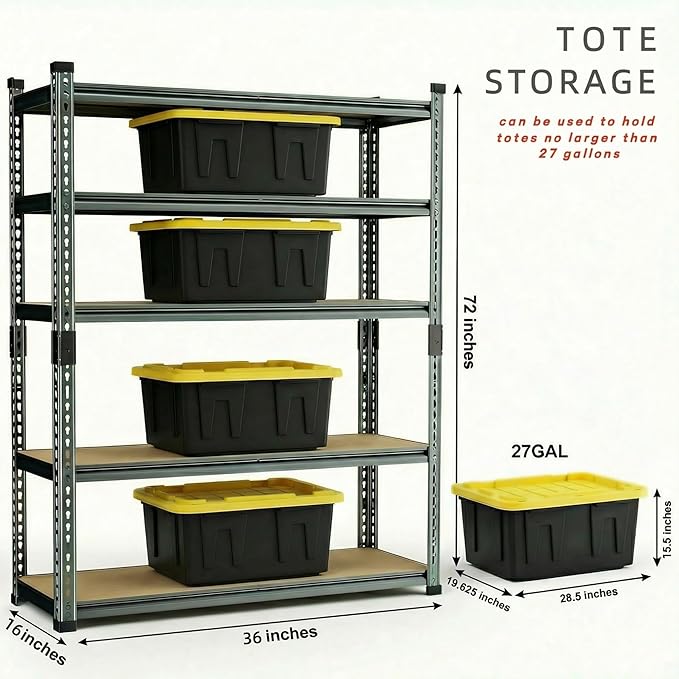 Garage Shelving Heavy Duty, 2450LBS Metal Storage Shelves 5 Tier, Adjustable Shelving Unit 36" W x 16" D x 72" H, Boltless Garage Storage Rack for Garage Basement, Pantry, Warehouse 1Pcs
