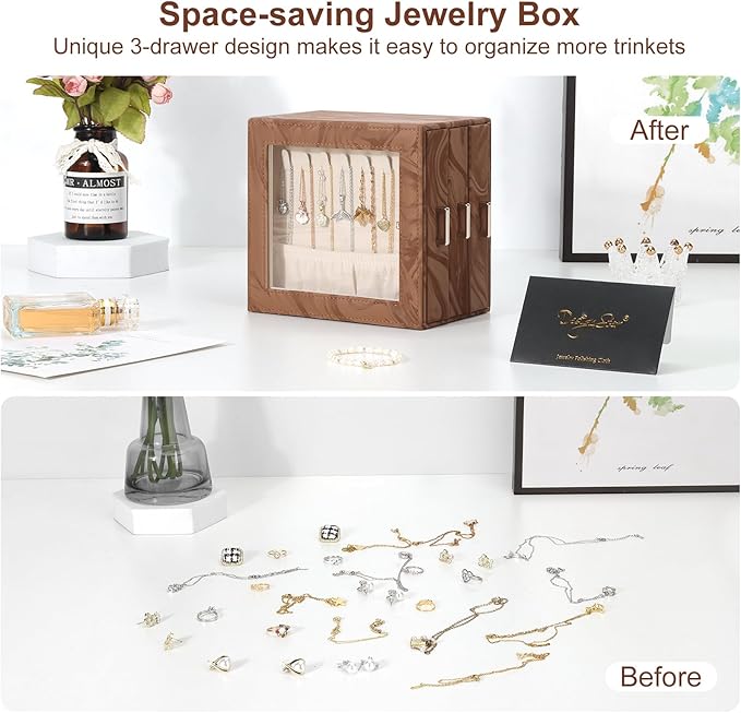 DesignSter Jewelry Box Organizer, Jewelry Box for Women, PU Jewelry Organizer Display Case with Side Drawers, Jewelry Storage for Earring Necklace Ring Bracelet Watch
