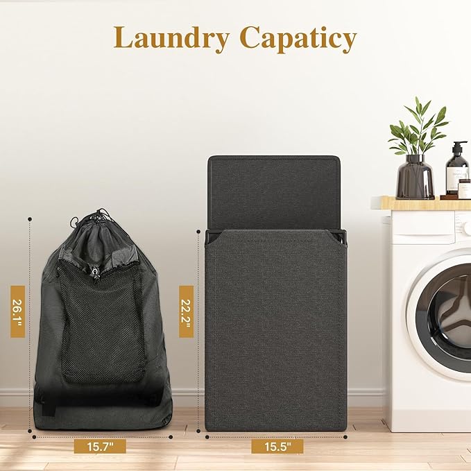 Foluck 60L 2-in-1 Laundry Hamper with Laundry Backpack, Waterproof Basket with Lid, Laundry Bag with Shoulder Straps and Mesh Pocket, Hamper for College Dorm, Travel, Apartment, Laundromat