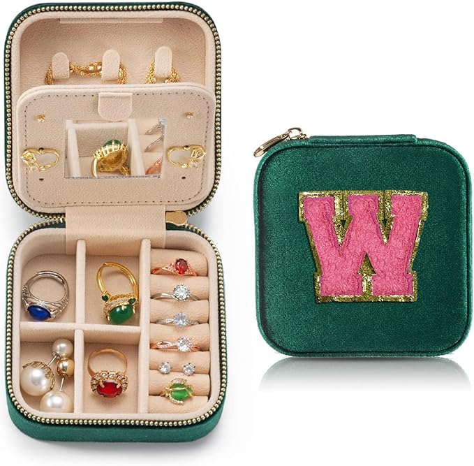 Personalized Velvet Travel Jewelry Case Box For Women Ring Necklace Earring Holder Organizer with Mirror Green Girls Box Birthday Gifts Mom Initial W