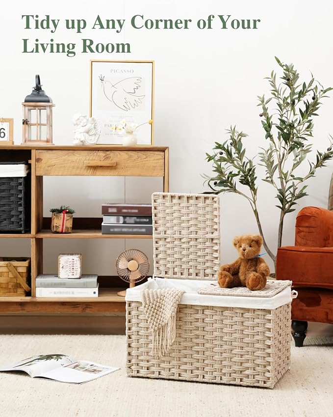 SETVSON Storage Basket with Lid Rattan Woven Storage Baskets with 2 Separate Lids, 17.2 Gallon (65 L) Wicker Storage Bins Foldable 2 Removable Liner Bags Handles for Bedroom, Laundry Room Light Khaki