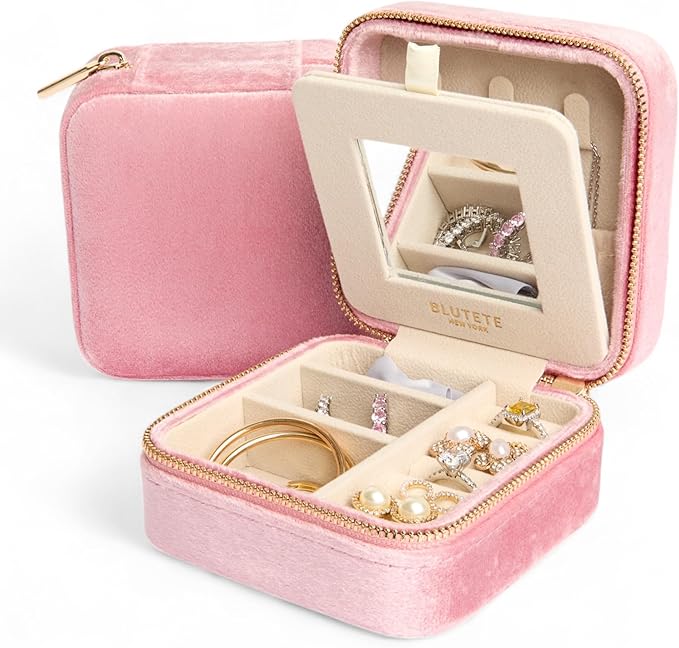 BLUTETE Travel Jewelry Box Organizer Velvet Travel Case With Mirror Ring Earrings Necklaces Storage Organizer Box (Light Pink)