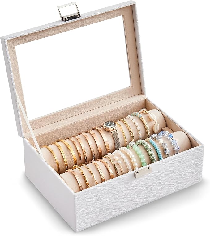 Lolalet Bracelet Display Holder with Rods for Bangles Watches, Clear Lid Jewelry Organizer Box Storage Case for Mothers Day Gifts -White, 2 Rolls