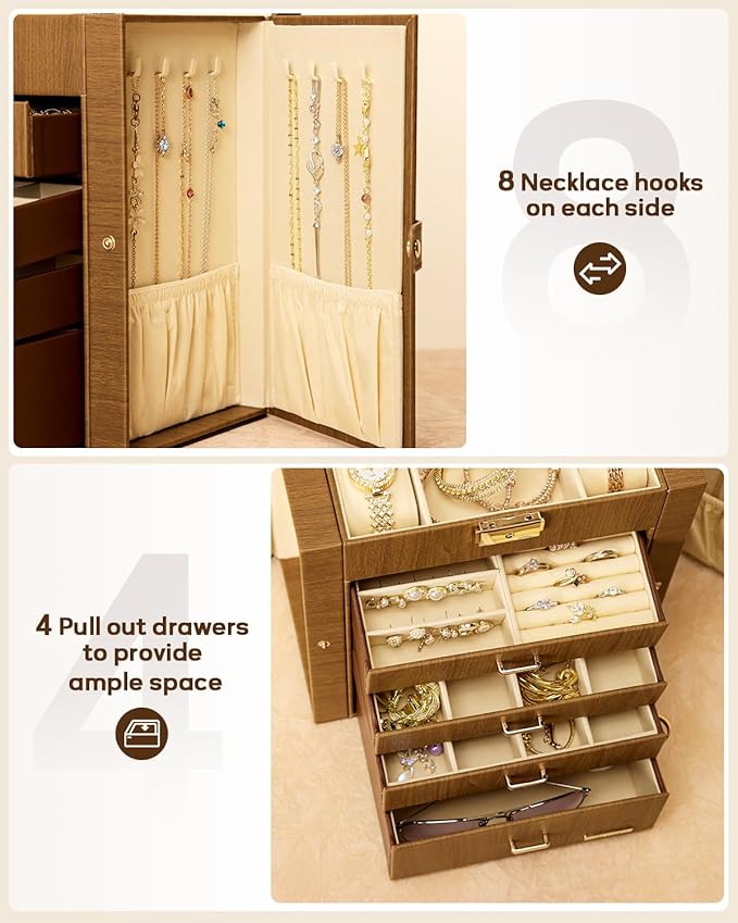 Homde Mothers Day Gifts Synthetic Leather Huge Jewelry Box Mirrored Watch Organizer Necklace Ring Earring Storage Lockable Gift Case (Brown + Gold)