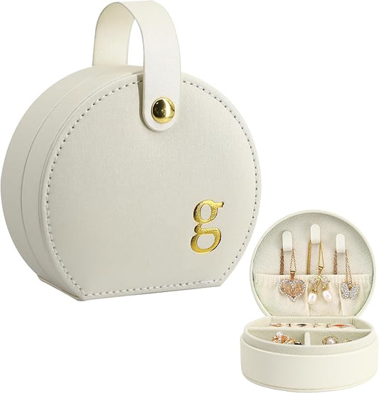 COLLECTIVE HOME - Travel Jewelry Case, Elegant Half-Moon Design with Gold Monogram, Detachable Handle, Personalized Accessory Organizer, Gift for Fashion-Forward Women and Teens (g)