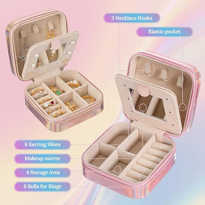 Nosiny 2 Pack Travel Jewelry Case with Mirror Small Laser Jewelry Box Organizer Gifts for Mother's Day Women Rings Earrings(Sakura Pink and Pastel Color)