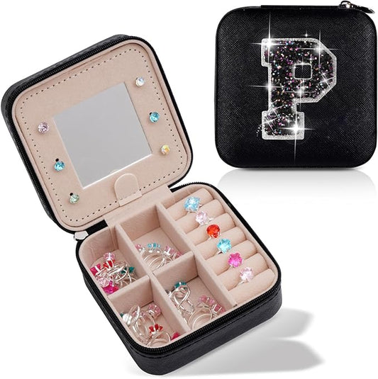 Uygafly Travel Jewelry Case - Personalized Jewelry Box for Women,Small Jewelry Organizer Cute Jewelry Organizers and Storage Aesthetic,Travel Essentials Birthday Gifts for Girls Women | Black,P