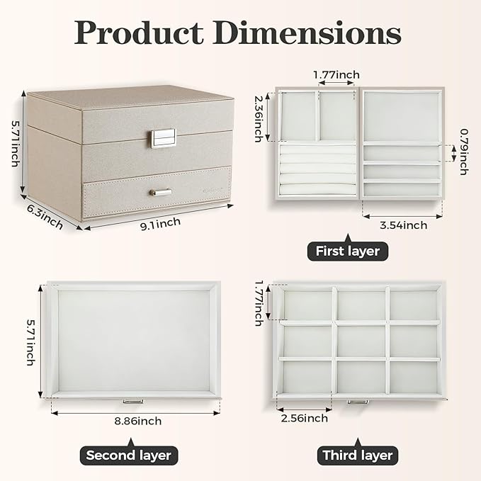 Dajasan Jewelry Organizer Box, Large Jewelry Boxes for Women Girls, Space-Saving 3 Layers Jewelry Storage Case with Drawer, Movable Metal Stand, Modern, Gift Idea (Champagne)