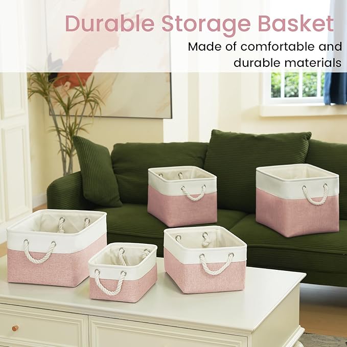 Storage Baskets for Shelves 13.8x9.8x6.7 Inch, Foldable Fabric Storage Bins with Handles, Small Storage Baskets for Organizing Closet, Office, Home Organization (6-Pack, White&Pink)