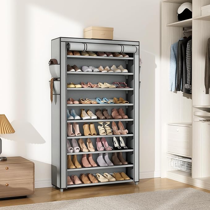 VILICK Shoe Rack with Cover Narrow Shoe Organizer with Pockets 10 Tier Tall Shoe Storage Holds 36-41 Pairs Shoes and Boots Shoe Rack for Closet Entryway Garage, Printing