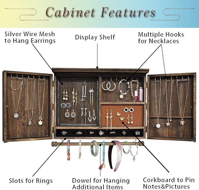 Rustic Wall Mounted Jewelry Organizer,Vintage Wooden Hanging Jewelry Holder Box with Barndoor Decor for Necklaces, Earings, Bracelets, Rings, Accessories. Includes Hook Organizer