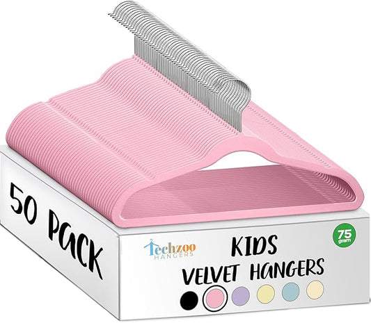 TechZoo 50 Premium Kids Velvet Hangers - 14" Non-Slip Clothes Hangers for Kids & Preteens - Ultra Slim, Space-Saving, Strong & Durable Hangers with 360° Swivel Hook - Pink