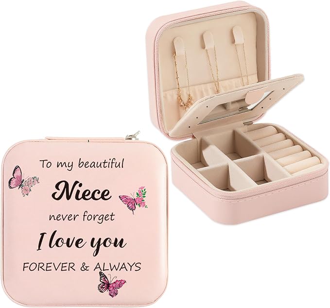 Niece Gifts Pink Butterfly Jewelry Box for Nieces Birthday Gifts Christmas Valentines Mothers Day Gift for Nieces from Aunt Uncle Niece Graduation Gift Portable Travel Jewelry Display Case