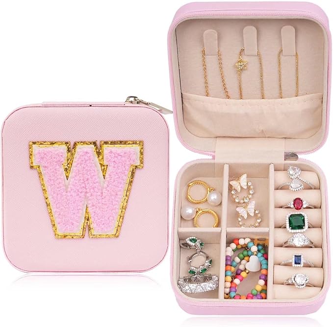 ETHOON Jewelry Travel Case Small Organizer Stocking Box Personalized Gifts Teenage Jewelry Accessories Holiday Wedding Christmas Gift for Women Pink, Letter W