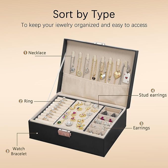 Homeanda Jewelry box 2 layer Jewelry box Leather Jewelry boxes for Women Girls Teens Jewelry organizer box Jewelry Storage box with lock(Black)