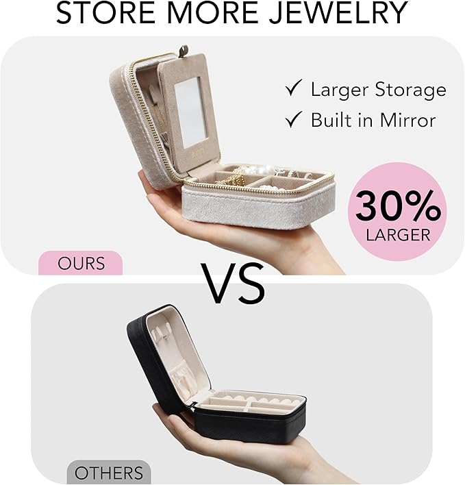 BLUTETE Travel Jewelry Box Organizer Velvet Travel Case With Mirror Ring Earrings Necklaces Storage Organizer Box (Champagne)