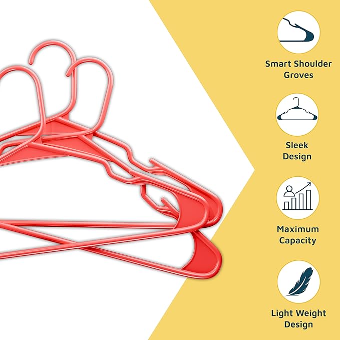 Lifemaster Plastic Clothes Hangers – Heavy Duty Hanger Set, for Organizing Clothes, Dresses, and Coat, Holds Up to 5 lbs, Space-Saving Hangers with Non-Slip Shoulder Grooves, Pack of 5, Red