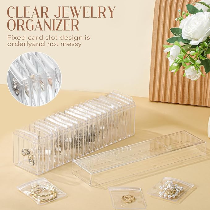 Kenning 21 Pcs Acrylic Jewelry Case Organizer, Clear Jewelry Organizers Holder with Portable Anti Tarnish Storage Bags for Rings, Earrings, Necklaces, Ideal Gifts for Women (Clear)