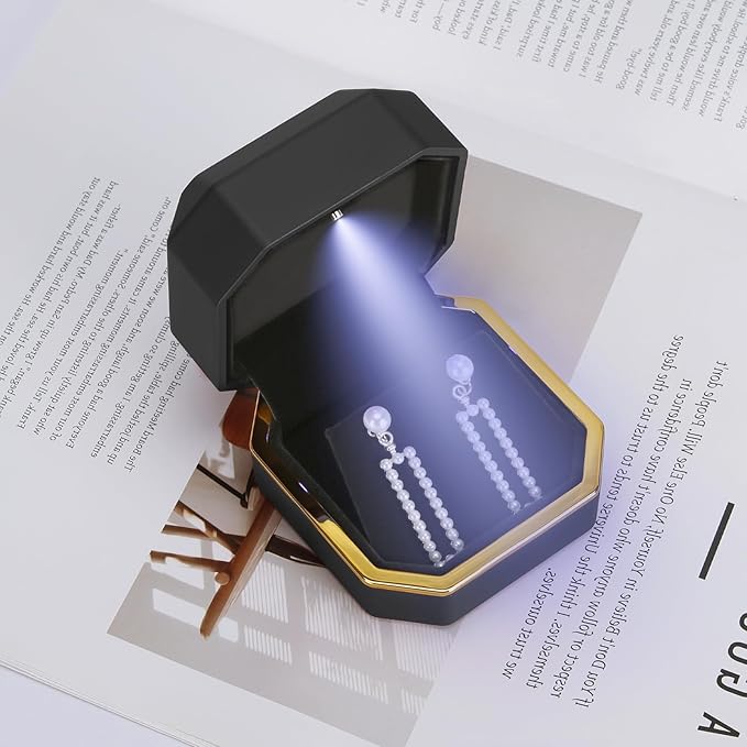 Luxury LED Jewelry Earring Pendant Stud Box, Velvet Earring Necklace Gift Box Storage Case Organizer Holder for Proposal Engagement Wedding Anniversary Birthday Ceremony (Black)