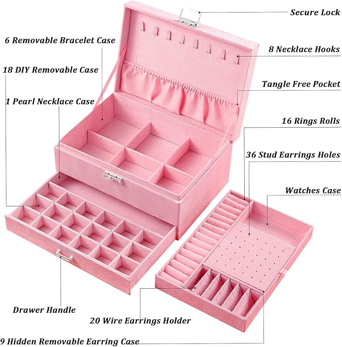 QBestry 3-Layer Jewelry Box for Girls & Teens with Lock and Key, Large Jewelry Organizer with 8 Necklace Hooks & 56 Earring Holes, Pink Velvet Jewelry Storage Box for Necklaces Earrings Rings Bracelet
