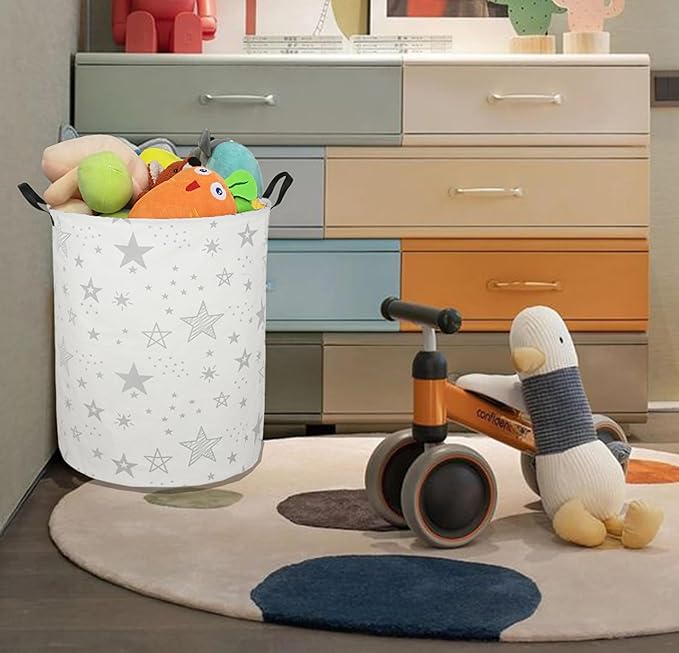 Collapsible Kids Laundry Basket Clothes Hamper, Foldable Storage Organizer Bin, Toy Clothes Storage with Handles for Boys Girls Bedroom, Room Decor Grey Star