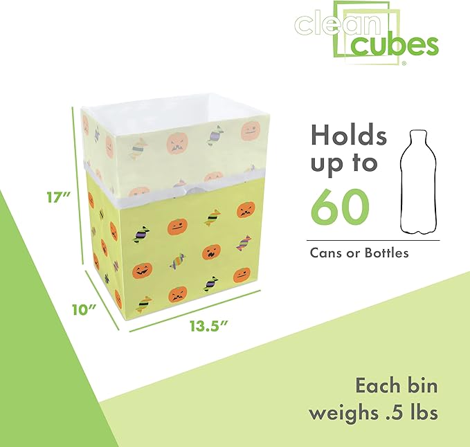 Clean Cubes 13 Gallon Disposable Pop-Up Trash Cans (3-Pack) with Fitted Bags – Foldable Garbage & Recycling Bins for Parties, Events & Kitchen (Halloween, 17" H x 13.5" W x 10" D)