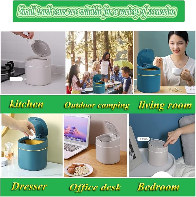 LTWQLing Plastic Mini Trash Can with Lid - 2 L Pop Up Wastebasket for Bathroom Vanity, Desktop, Tabletop or Coffee Table - Dispose of Cotton Rounds, Makeup Sponges, Tissues (Grey)