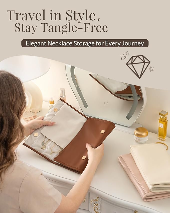 Lolalet Travel Necklace Organizer, Tangle-Free Necklace Case for Travel, Leather Foldable Roll Up Jewelry Storage Bag for Necklaces Chains Bracelets, Mothers Day Gift