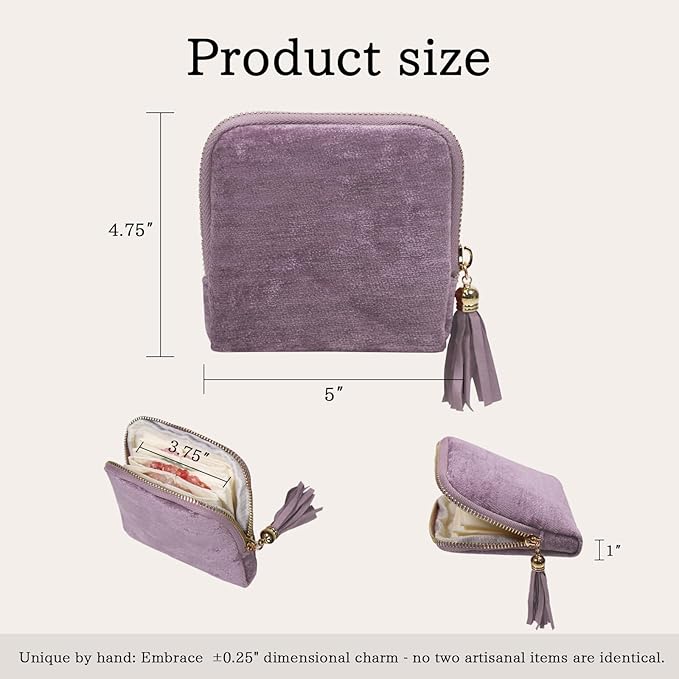 Stratalife Travel Jewelry Case - Portable Jewelry Organizer for Traveling Small Pouches for Bracelets Necklace Bangles Healing Crystal, Ring Storage with Zipper Gift for Women, Purple Tassel