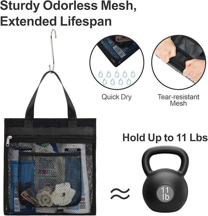 F-color Mesh Shower Caddy Portable Hanging - 3 Pockets Small Shower Bag Tote with Zipper Closure for Camping, Gym Lockers, Travel, Toiletry, Quick Dry Bathroom Essentials with S Hook, Black