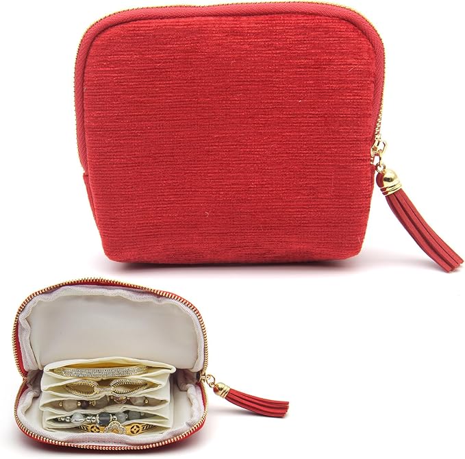 Small Travel Jewelry Case, Mini Jewelry Box, Purse Organizer Pouches for Travel and Everyday Jewelry Organizer Storage (Red)
